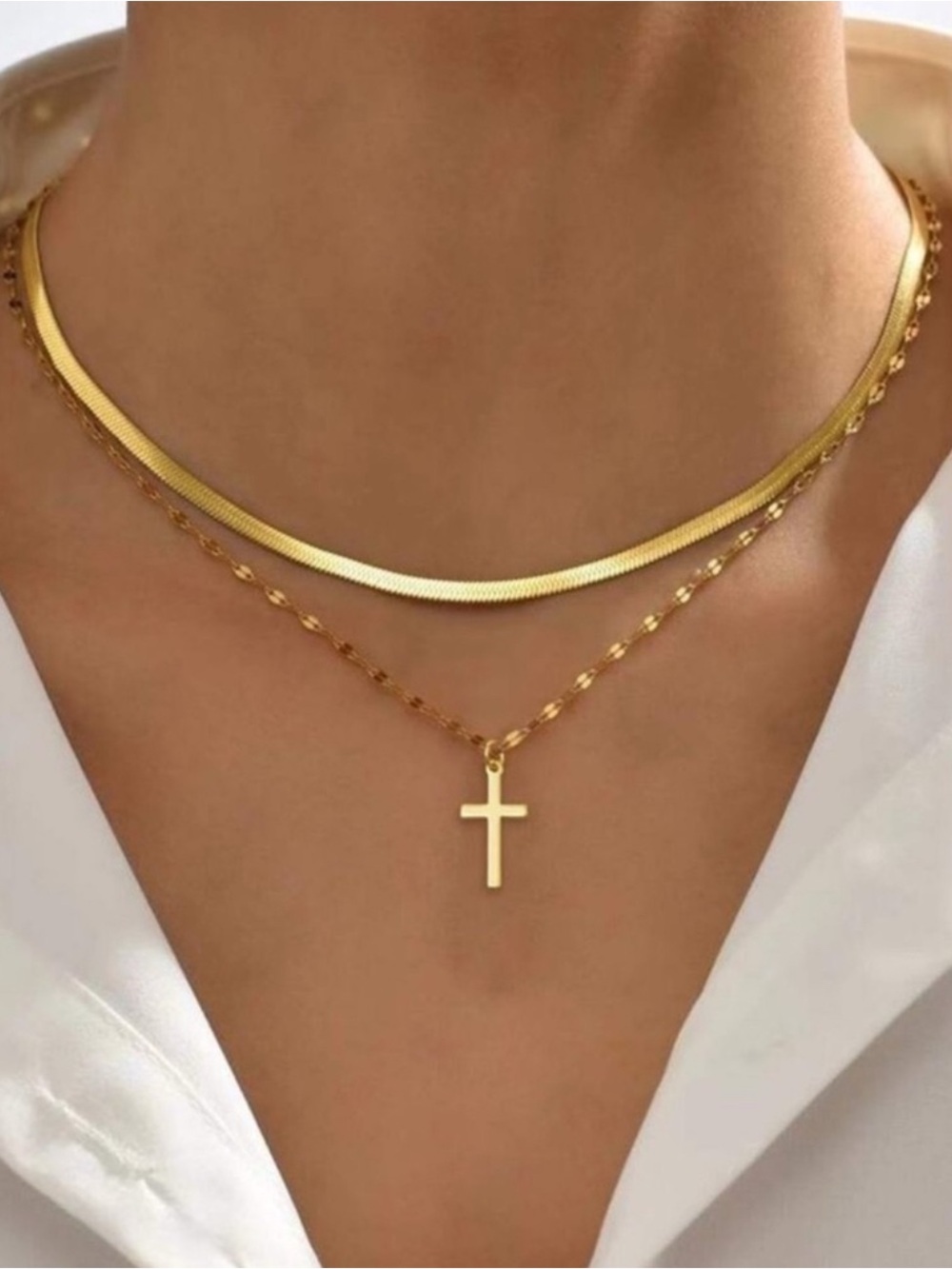 Gold Plated Stainless Steel 2pc Herringbone & Cross Necklace Set